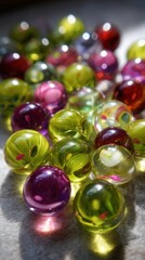 Close-up of colorful glass marbles with vibrant hues and reflections arranged on a reflective surface, showcasing intricate details and glossy textures