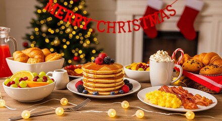 Delicious christmas breakfast with pancakes, croissants, fruits, scrambled eggs and bacon served on a festive table with christmas tree and decorations