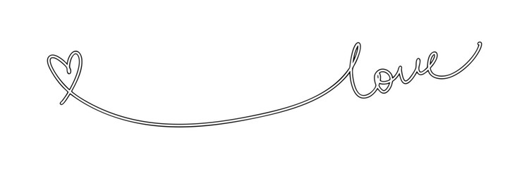 Vector hand drawn illustration. One continuous line with heart and love lettering.