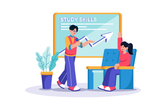 Study Skills Session with Raised Hand on Transparent Background Illustration of Instructor and Student in Learning Environment - Powered by Adobe