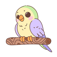 Charming little cartoon parrot in soft pastel colors, a cute and chubby kawaii bird perching on a branch isolated on white