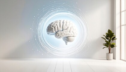 Brain Hologram Illuminated in White Room with Plant and Window Bright Light