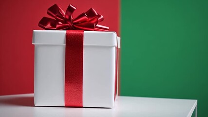 A white gift box with a red ribbon and bow sits on a table. - Powered by Adobe