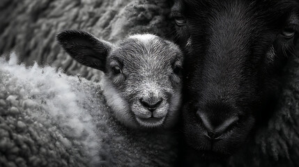 Fototapeta premium A black and white photo of a lamb cuddling up with its mother sheep