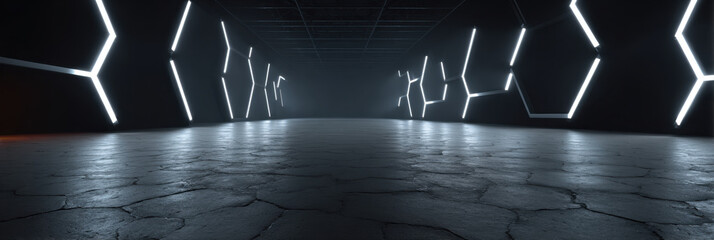 Dark futuristic corridor with glowing white neon lights shaped like hexagons on cracked concrete floor, creating mysterious and high tech atmosphere