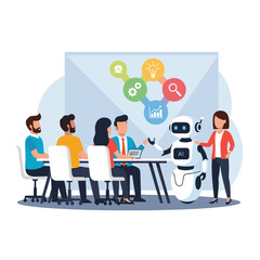 Team meeting with robot presenting data and insights on screen to a group of professionals