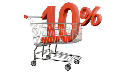 Shopping cart with large red discount sign shows 10 percent off sale during holiday season