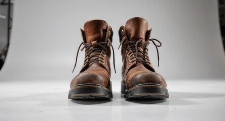 Pair of worn brown leather boots with laces, centered against white backdrop