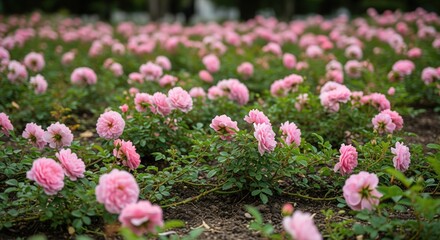 Fototapeta premium A vibrant field of delicate pink roses. Lush greenery and soft pink blooms create a picturesque landscape