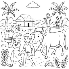 Grandma storytelling under neem tree in Tamil village – line art illustration 