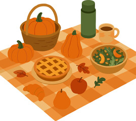 Autumn picnic illustration with coffee, pie, blanket. Cozy fall and lifestyle concepts. Flat vector design, perfect for thanksgiving and fall outdoors holiday.