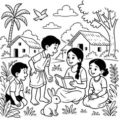 Grandma storytelling under neem tree in Tamil village – line art illustration 