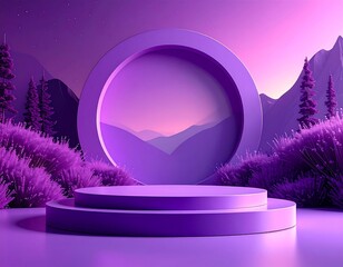 Purple podium in a nature scene at dusk
