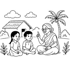 Grandma storytelling under neem tree in Tamil village – line art illustration 