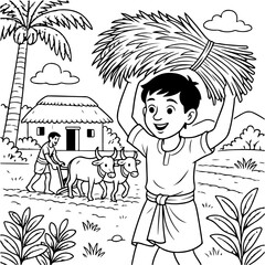 Grandma storytelling under neem tree in Tamil village – line art illustration 