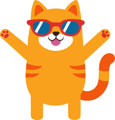 Naklejka premium A cheerful, cartoon orange tabby cat with blue sunglasses and a wide smile is depicted with its arms outstretched in a playful and happy stance.