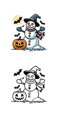 Spooky Halloween snowman vector illustration featuring a witch hat, jack-o’-lantern, bats, and festive scarf. Perfect for seasonal designs, posters, cards, and holiday decorations.