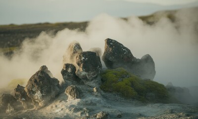 Steaming geothermal vent with rocks, moss, and hazy landscape behind