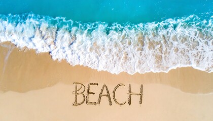 Fototapeta premium Aerial view of a sandy beach with the word 