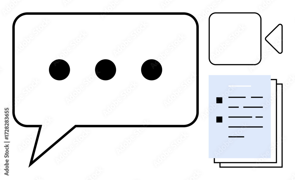Aufkleber speech bubble with ellipsis, document stack, and video play buttons symbolizing digital communicatio