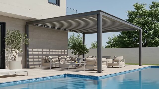 Modern patio with minimalist pergola and pool; outdoor seating under shade structure