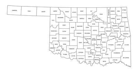 State of Oklahoma, divided into 77 counties, outline map. State in the South Central and Southwestern region of the United States, nicknamed Native America, Land of the Red Man, and Sooner State.