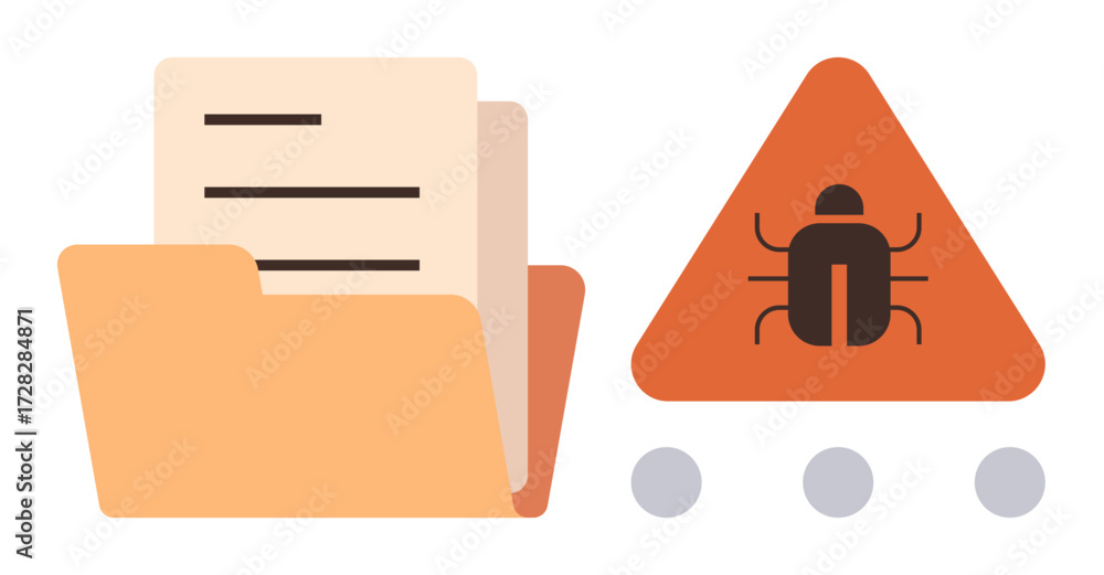 Aufkleber open document folder with warning triangle featuring bug icon symbolizing malware. ideal for cyberse