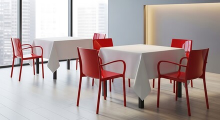 Modern Dining Area with Red Chairs.