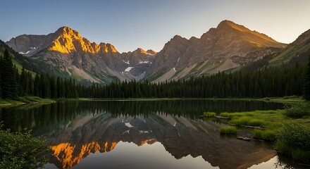Fototapeta premium A serene mountain landscape at sunset, featuring a dense evergreen forest and a perfect golden reflection in the still alpine lake