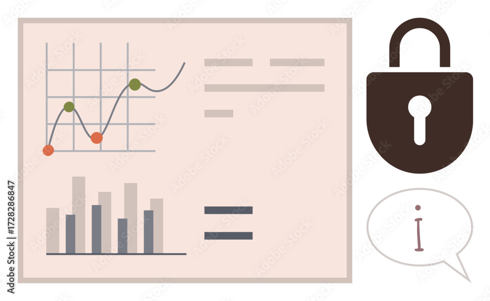 Poster graph with data points, bar chart, lock icon, and info symbol representing data security, privacy, a