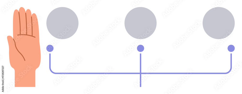 Poster raised hand signaling halt beside a diagram of three connected circular nodes in a flowchart. ideal 