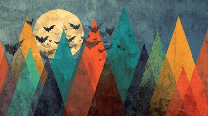 Fototapeta premium Abstract Halloween Scene with Bats and Colorful Triangular Shapes