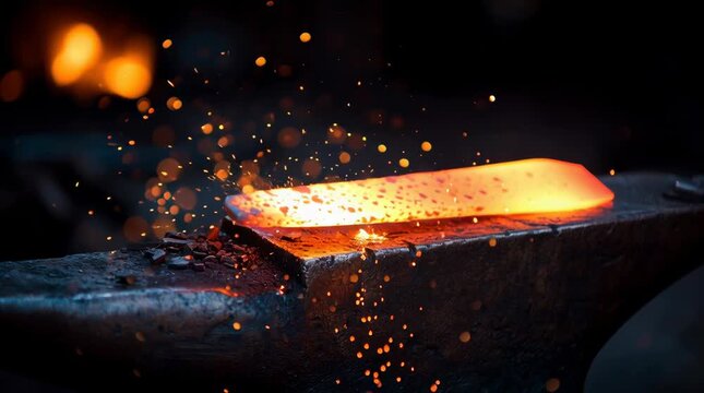 smith swinging flat faced hammer at an anvil, the moment the hammer hits the glowing red sword blade that is being forged, realistic sparks coming away from point of impact, slag falling off of the 