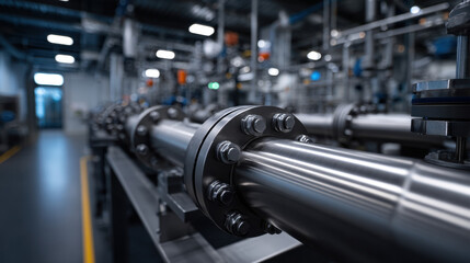 Naklejka premium Close up view of shiny metal pipes and bolts in industrial factory setting with blurred background, showcasing detailed engineering and manufacturing equipment