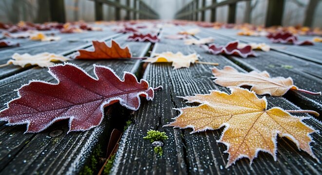 Frosted autumn leaves on wooden walkway