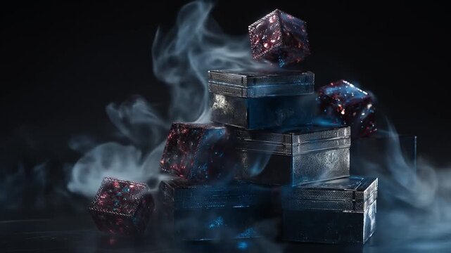 Stack of ornate silver boxes with cosmic ruby-blue cubes amidst swirling smoke
