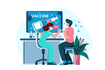 Doctor Administering Vaccine to Patient in Clinic With Black Board and Plant on Transparent Background