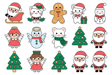 Set of cute cartoon vector Christmas icons including Santa Claus, snowman, tree, and gift illustration for holiday design