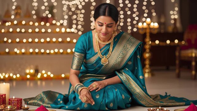 young indian woman making rangoli on diwali festival at home