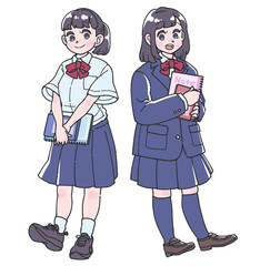 夏服と冬服の制服を着た女子生徒の全身イラスト