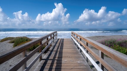 Obraz premium Wooden Boardwalk Leading to Sandy Beach Under Bright Blue Sky With Scattered Clouds Ocean and Shoreline Scenery