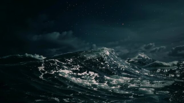 stormy ocean at night, shot from water level, (moonless sky), dark overcast clouds, no moonlight, towering waves, captured from 5m above the ocean, faint starlight, turbulent sea, cinematic and dramat