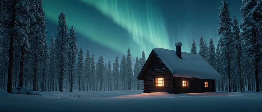 Small cozy log cabin with warm light glowing from windows stands in snowy forest under vibrant green northern lights sky, creating peaceful winter night scene