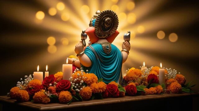 Lord ganesha sculpture decorative with traditional oil lamp and marigold flower 