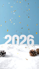 Happy New Year 2026 Celebration with Snow and Confetti.