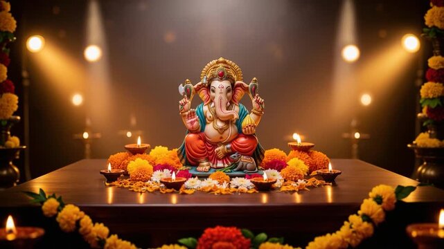 Lord ganesha sculpture decorative with traditional oil lamp and marigold flower 