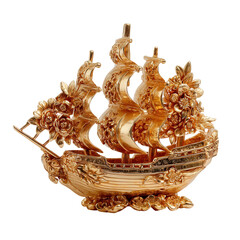 Ornate Gold Ship Figurine with Floral Detailing isolated on a white background