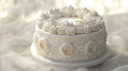 Elegant White Celebration Cake with Delicate Frosting and Ornate Decorations.