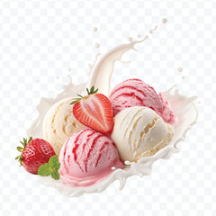 realistic creamy vanilla and strawberry ice cream scoops with milk splash in different style isolated on transparent background
