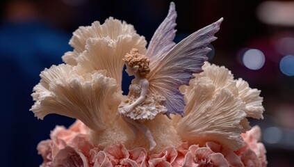 Delicate fairy figurine atop a sculpted cake with intricate mushroom-like and flower decorations.